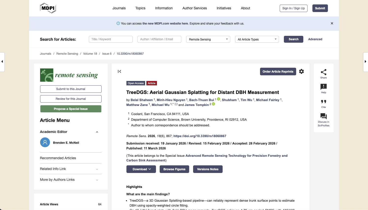 TreeDGS paper published in Remote Sensing