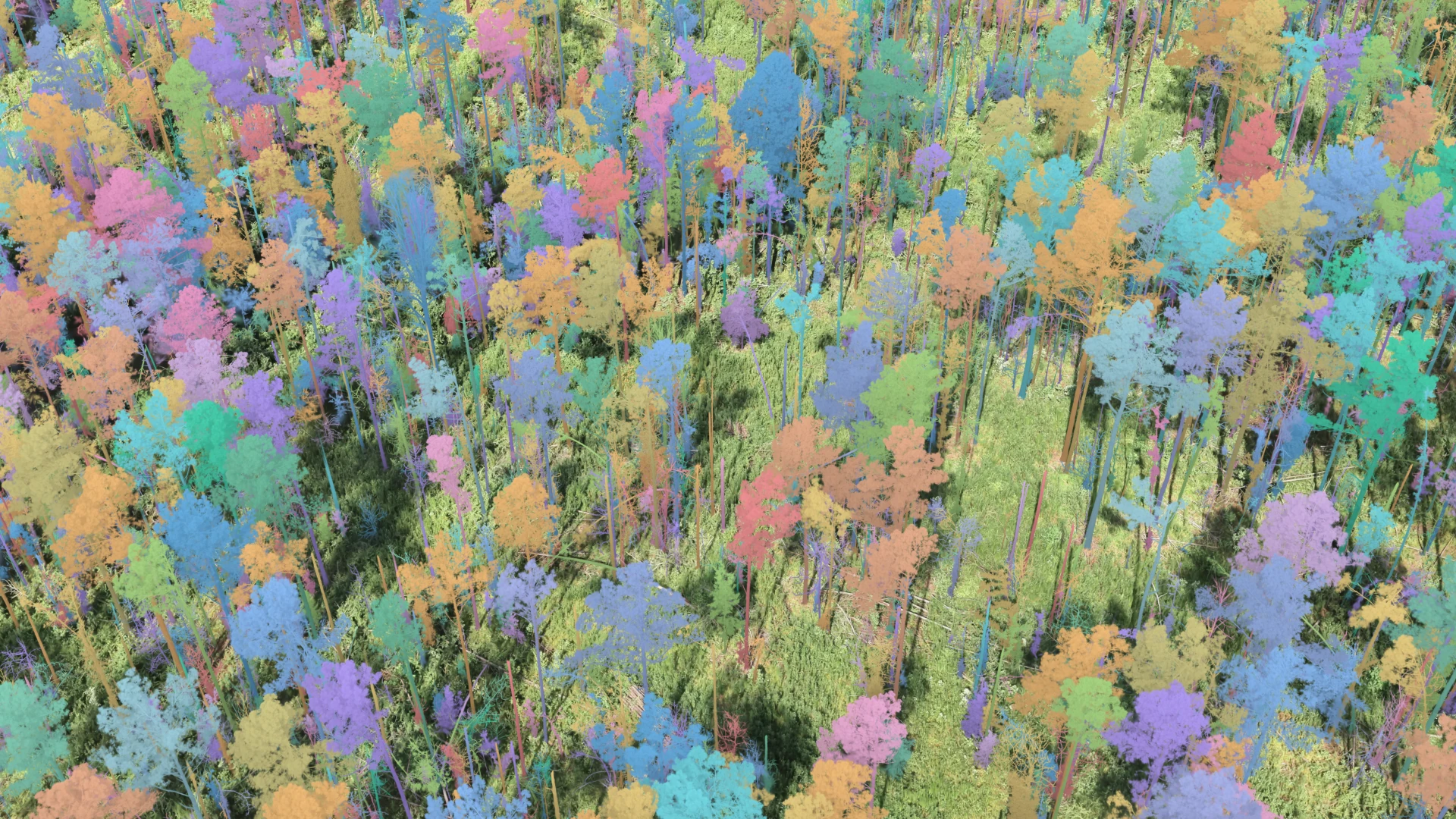 The 3D model with every tree picked out in its own colour